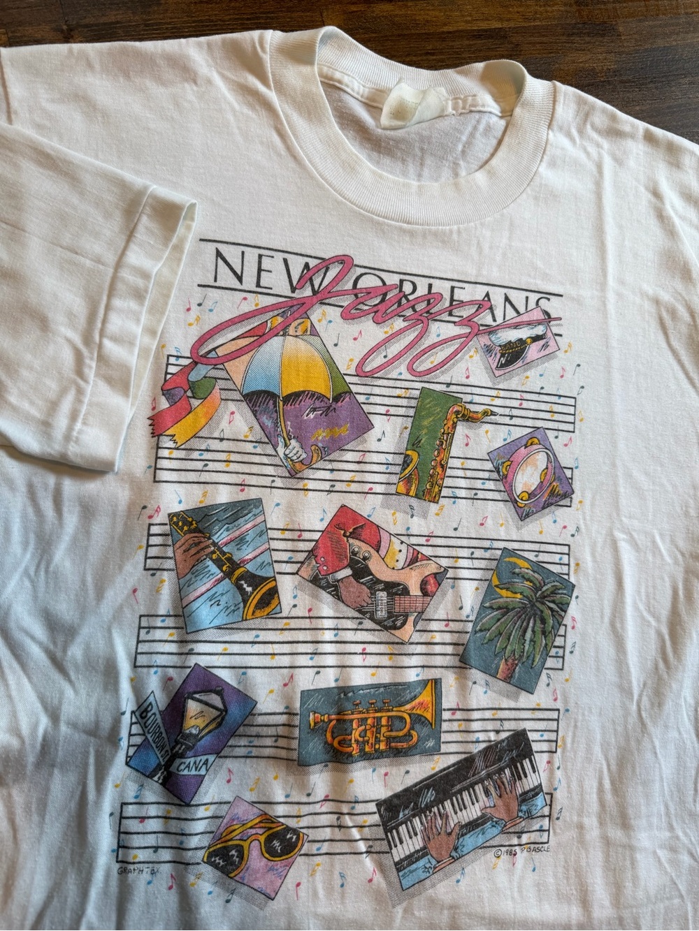 Vintage 1985 New Orleans Jazz T Shirt Single Stitch P Bascle Music White NOLA